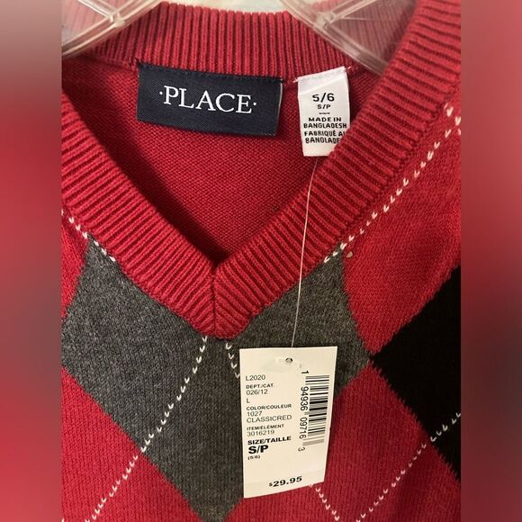 Children’s Place Red Plaid Argyle Pullover Sweater Boys Small 5/6 NWT - Picture 7 of 9